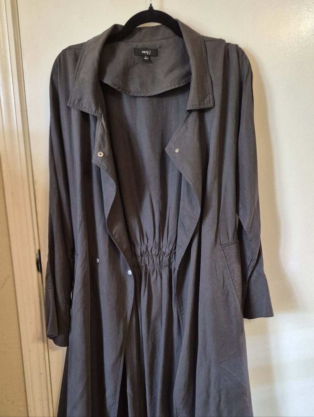 Very J Gray Draped Trench Coat with Cinched Waist